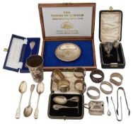 Cased silver christening sets and other silver