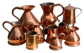 Five Victorian copper haystack measures, ale jugs and other copper