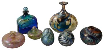 Seven pieces of contemporary iridescent studio glass
