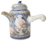 A late 18th Century Chinese export 'Mandarin palette' blue & white chocolate pot