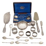 A George III silver fiddle pattern fish slice, a Scottish quaich + other silver