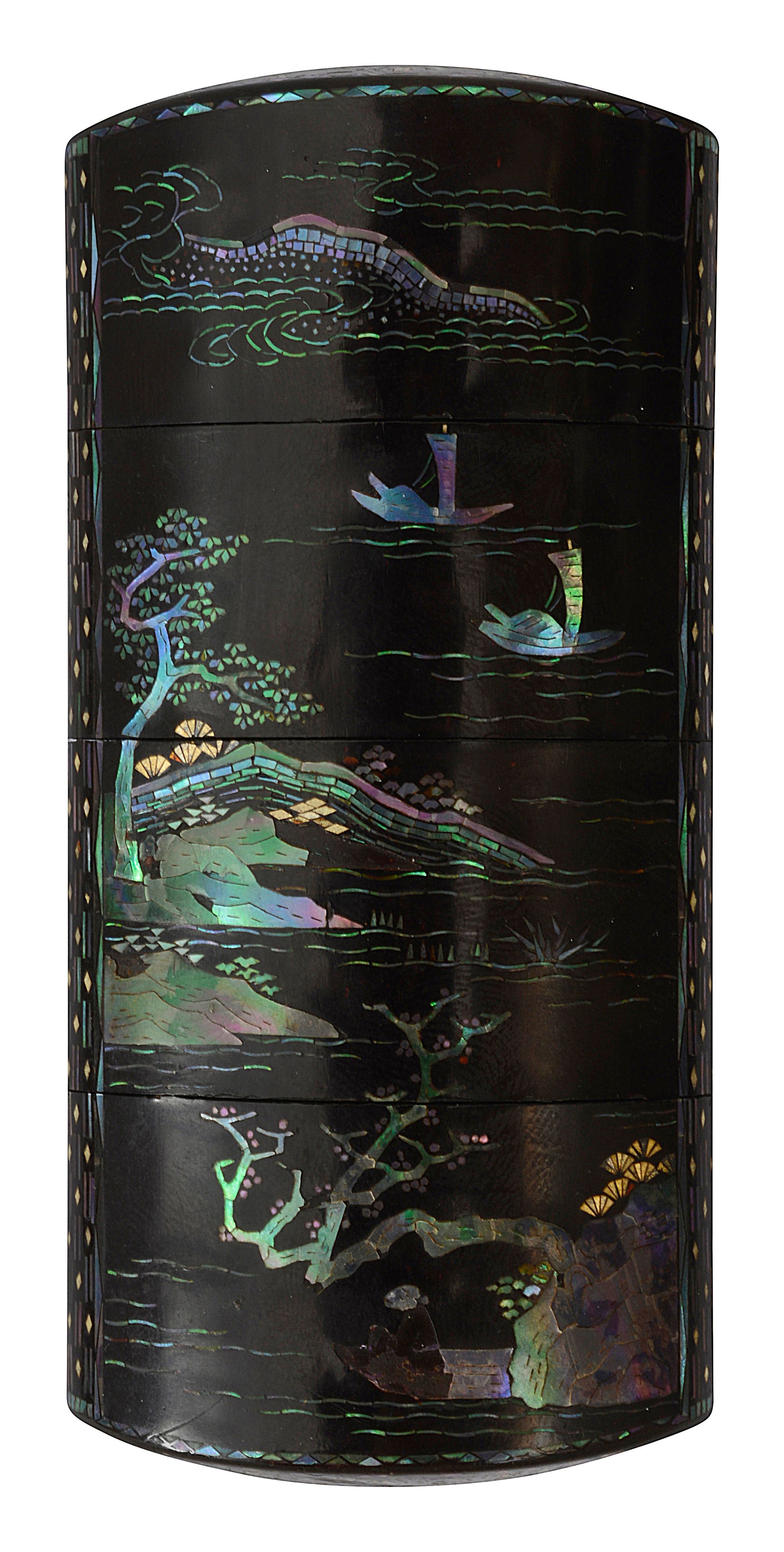A Japanese Somada School black lacquer and shell inlaid three case inro