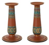 A pair of F & R Pratt prattware terracotta candlesticks c.1860