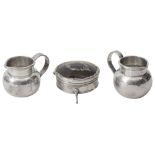 A pair of Edwardian silver cream jugs + silver and tortoiseshell trinket box