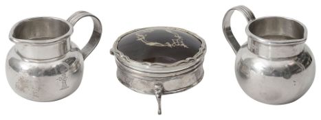 A pair of Edwardian silver cream jugs + silver and tortoiseshell trinket box
