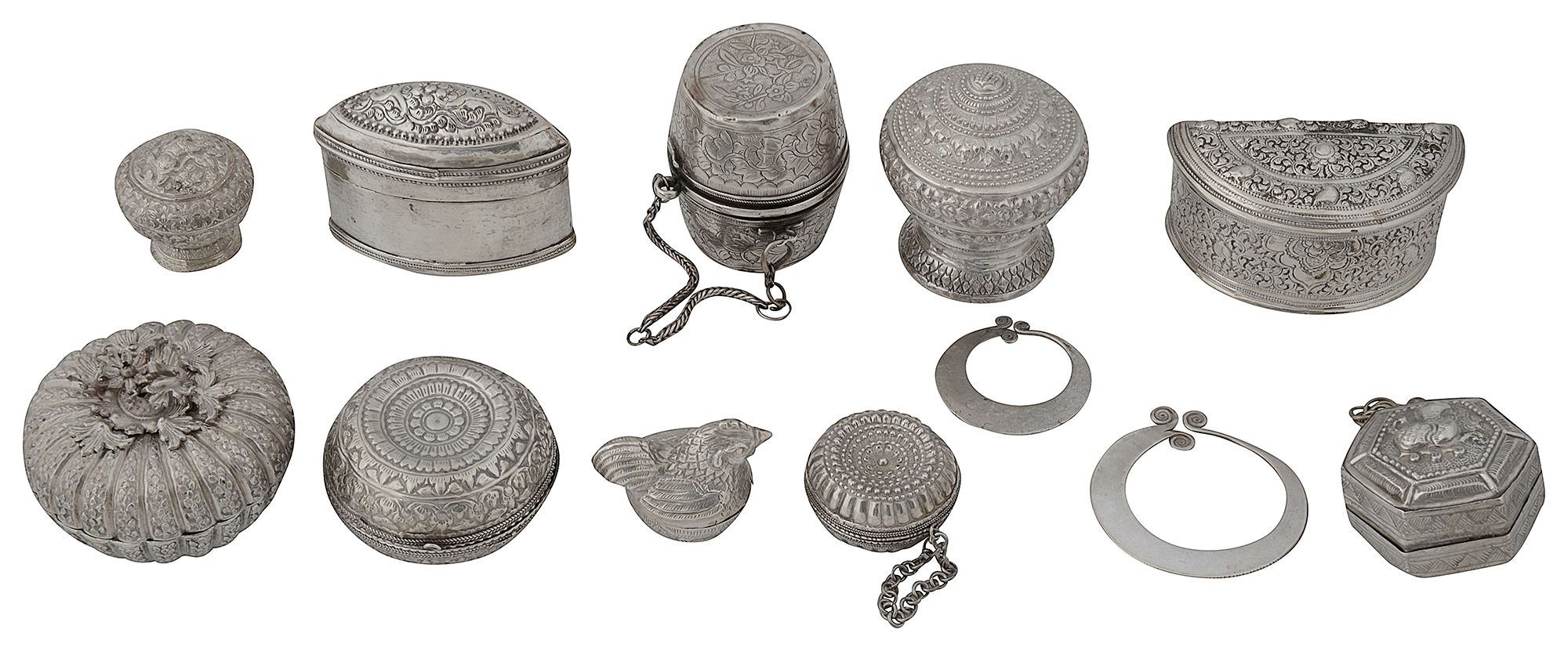 A collection of nine South East Asian silver betel boxes