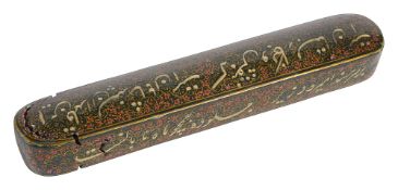 A Persian Qajar lacquered paper mache Qalamdan (pen box)