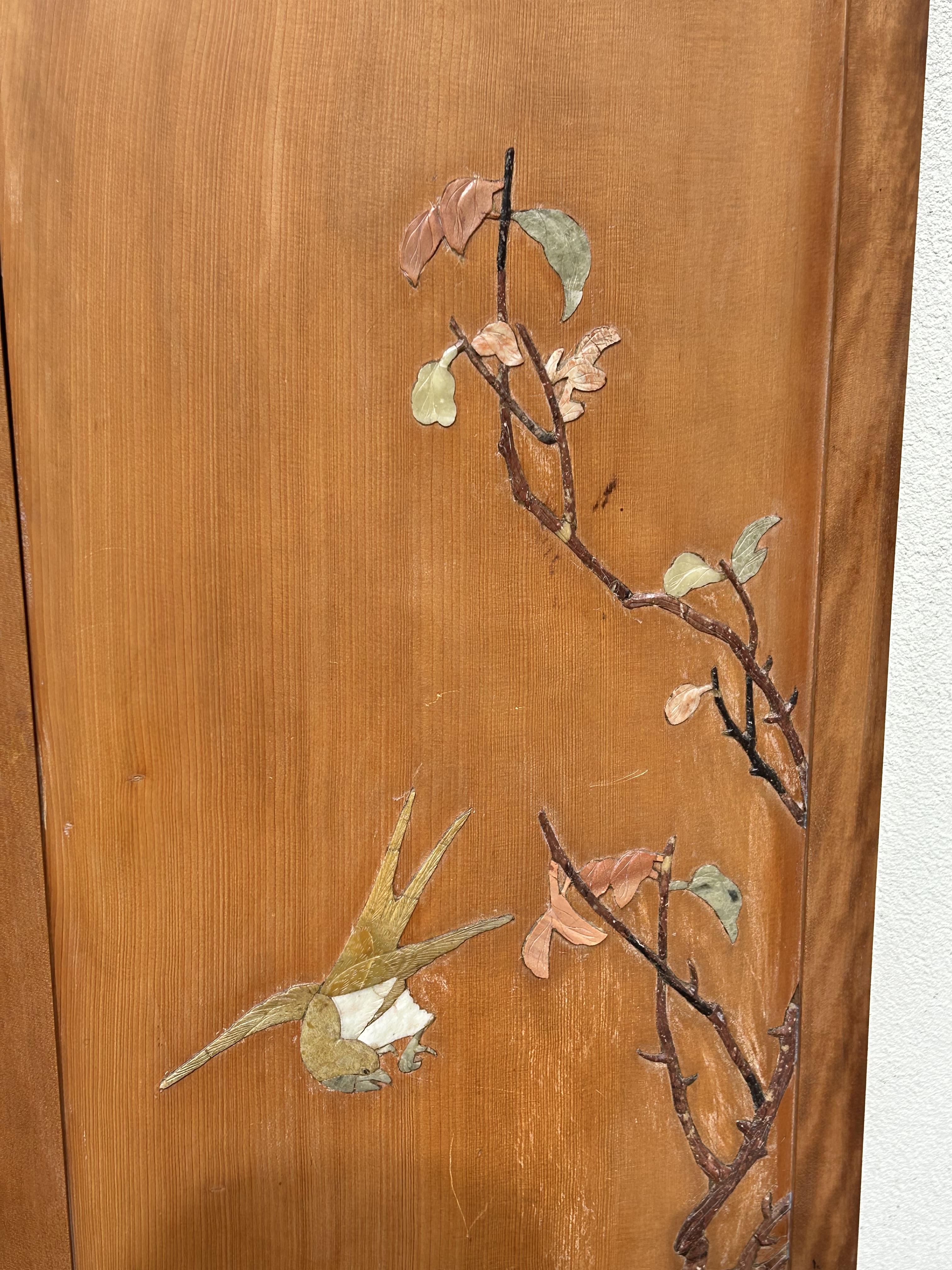 A set of four Chinese carved soapstone inlaid wooden wall panels c.1920 - Image 8 of 12