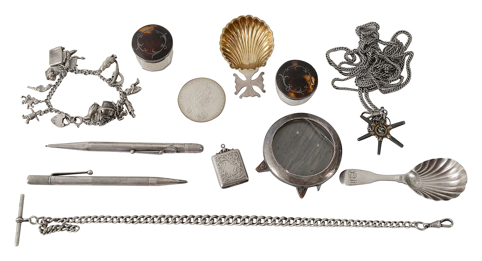Silver to include caddy spoons, a stamp case and other items