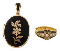 Two memorial black enamel items of jewellery