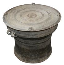 A South East Asian Sino-Shan patinated bronze frog rain drum