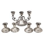 A Colombian .900 silver candelabrum, four Canadian dwarf candlesticks (5)