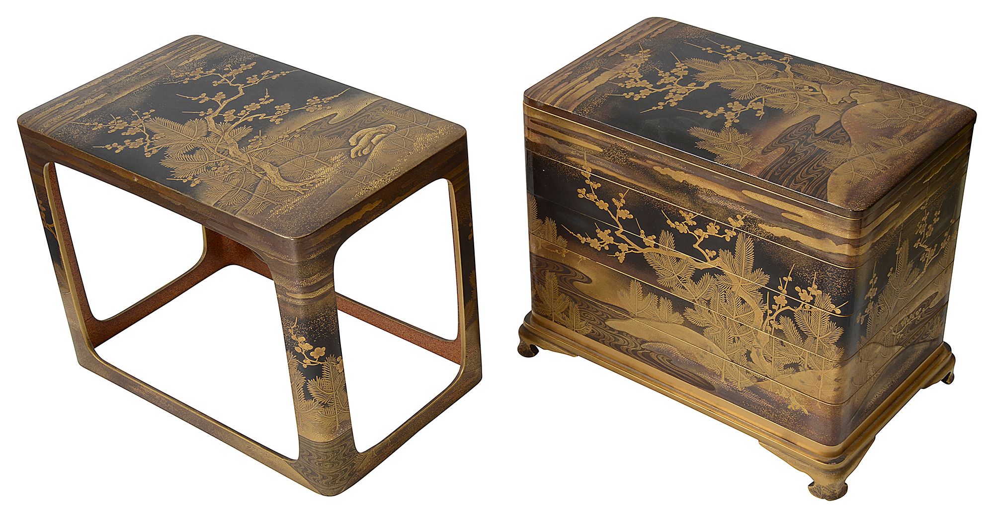 A 19th C Japanese lacquer (Ju-Kobako) four tiered box, cover and stand - Image 2 of 7