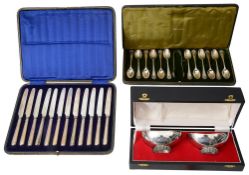 Cased pair Norwegian silver bonbon dishes, coffee spoons, and knives