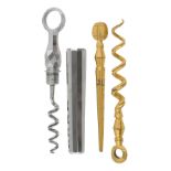 A cut steel sheath corkscrew and A gilt metal peg and worm corkscrew (2)