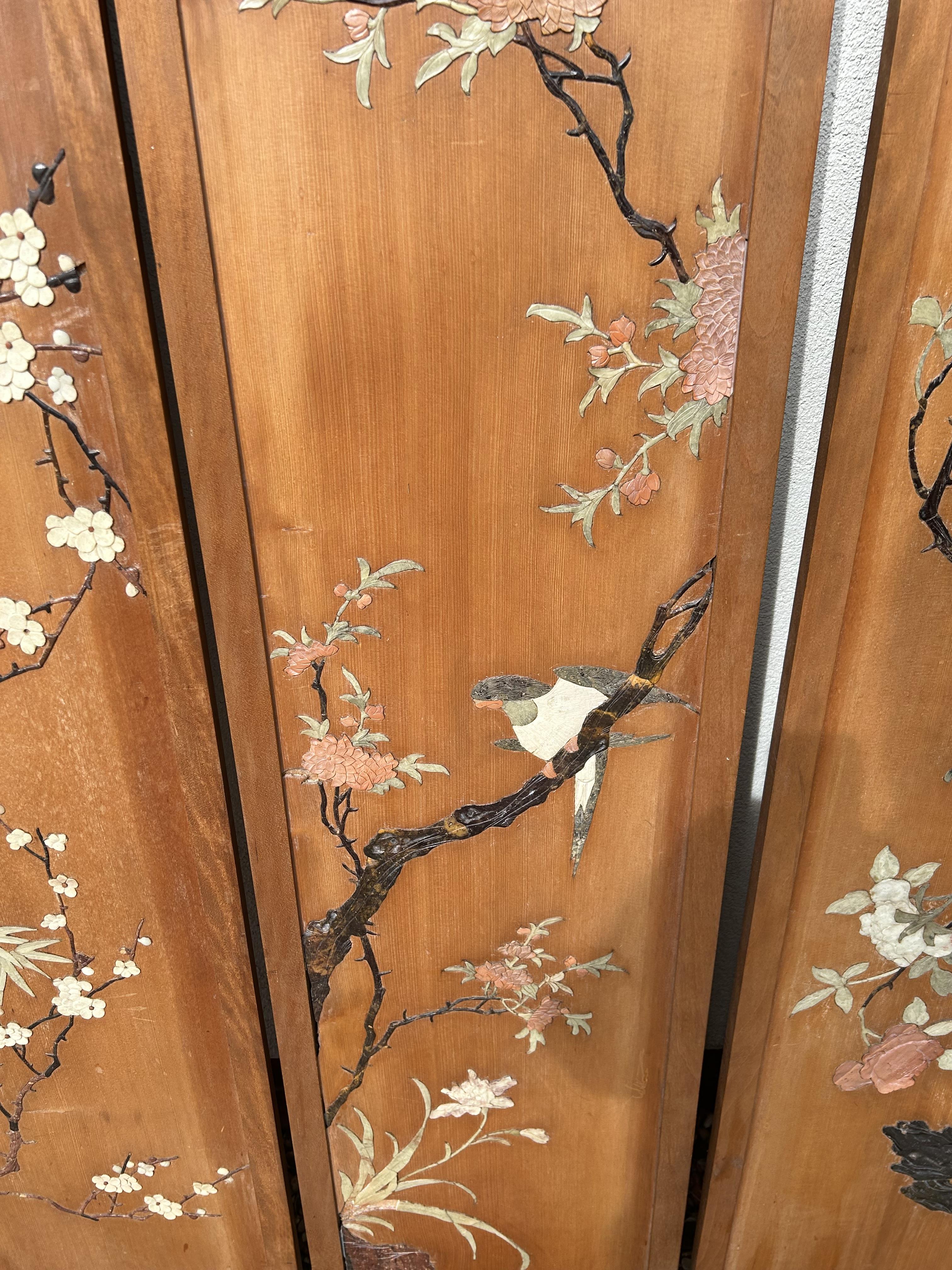 A set of four Chinese carved soapstone inlaid wooden wall panels c.1920 - Image 11 of 12