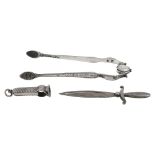 A pair of George III silver sprung feather edge sugar tongs and other items