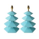 A pair of mid century Italian blue glazed pagoda form table lamps