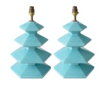 A pair of mid century Italian blue glazed pagoda form table lamps