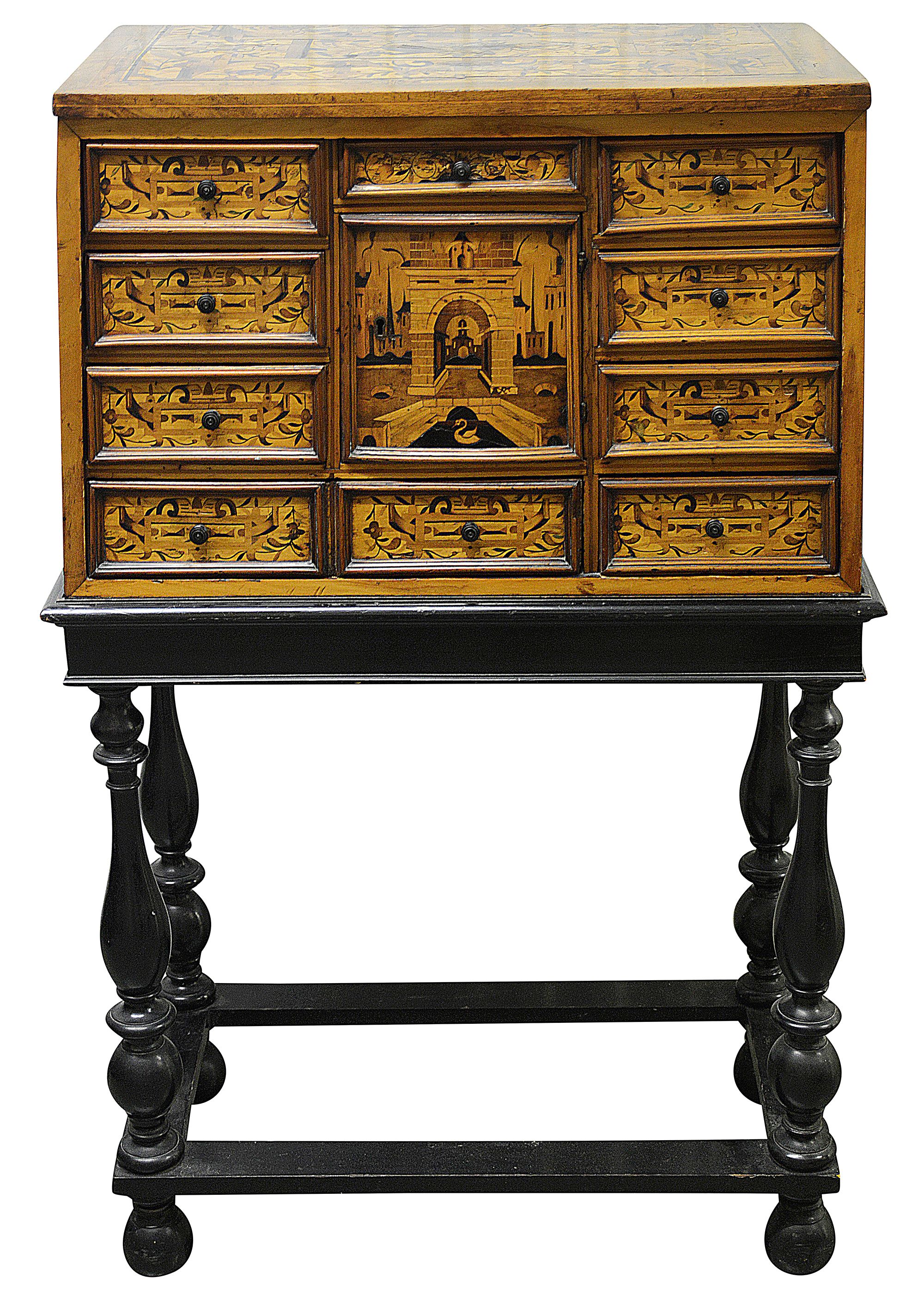 A South German walnut and marquetry cabinet on stand