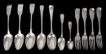 A pair of George III Irish fiddle pattern tablespoons and other flatware