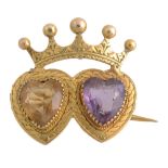 A mid Victorian amethyst and citrine double heart brooch