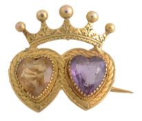 A mid Victorian amethyst and citrine double heart brooch