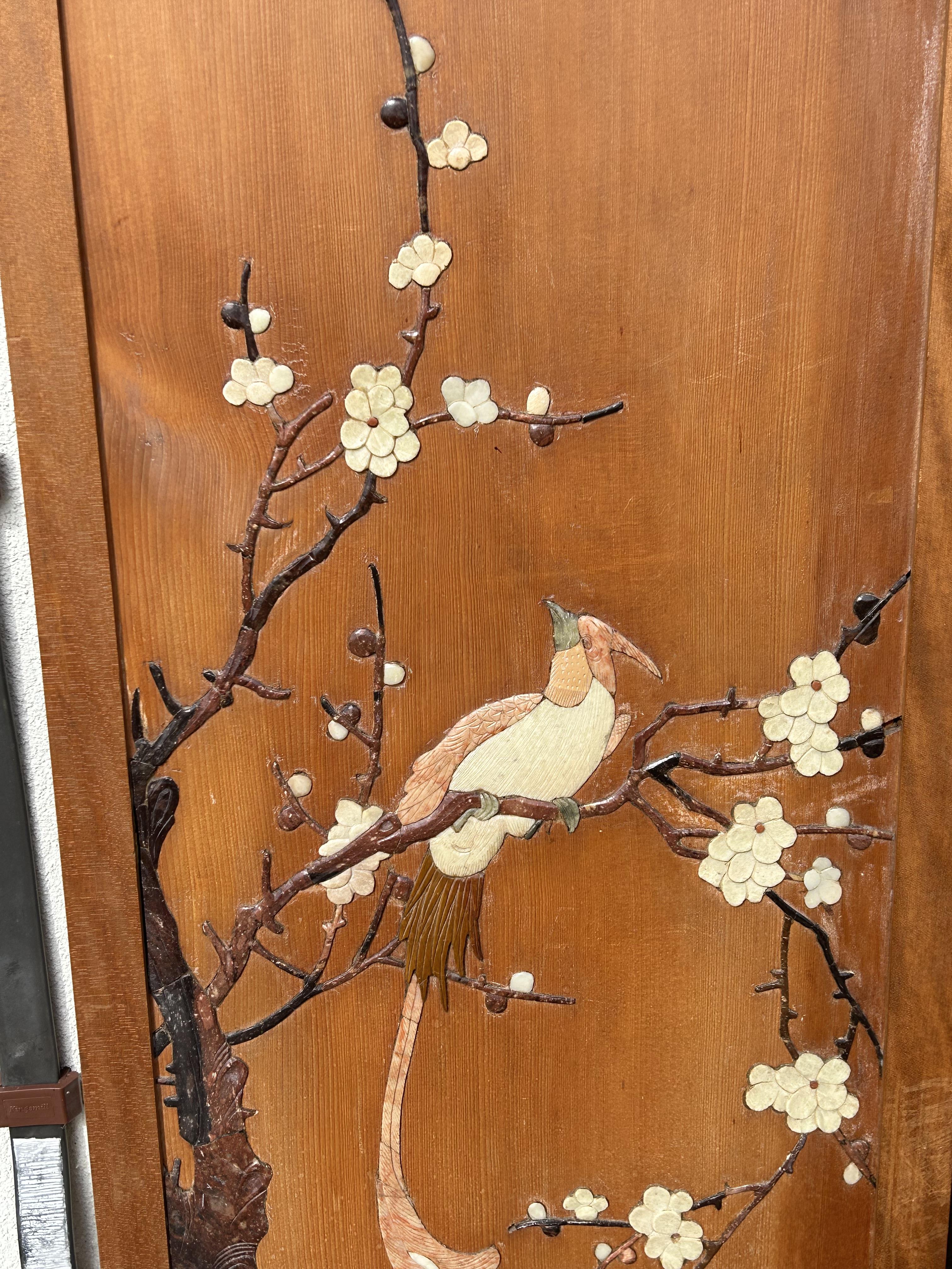 A set of four Chinese carved soapstone inlaid wooden wall panels c.1920 - Image 9 of 12