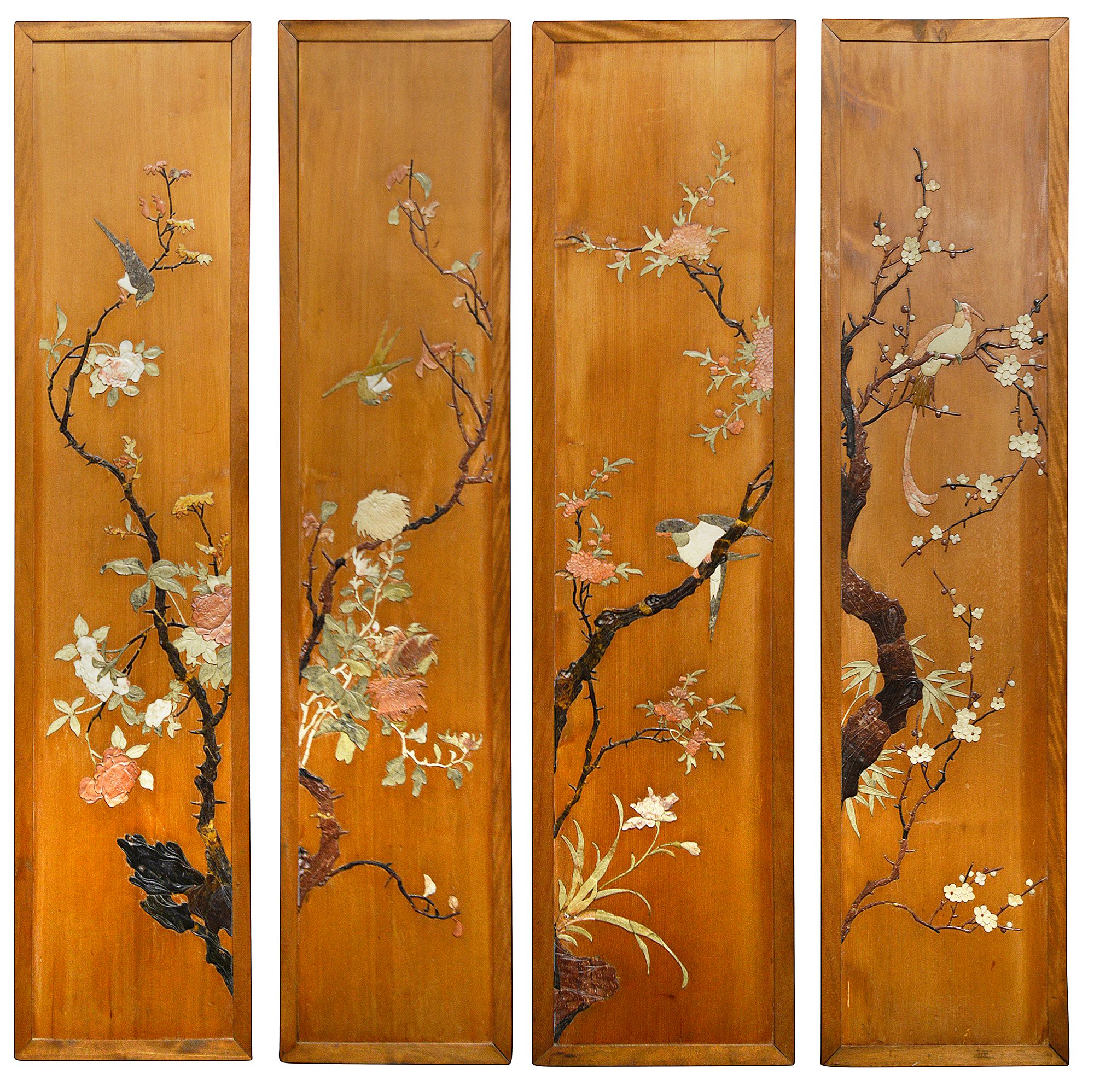 A set of four Chinese carved soapstone inlaid wooden wall panels c.1920
