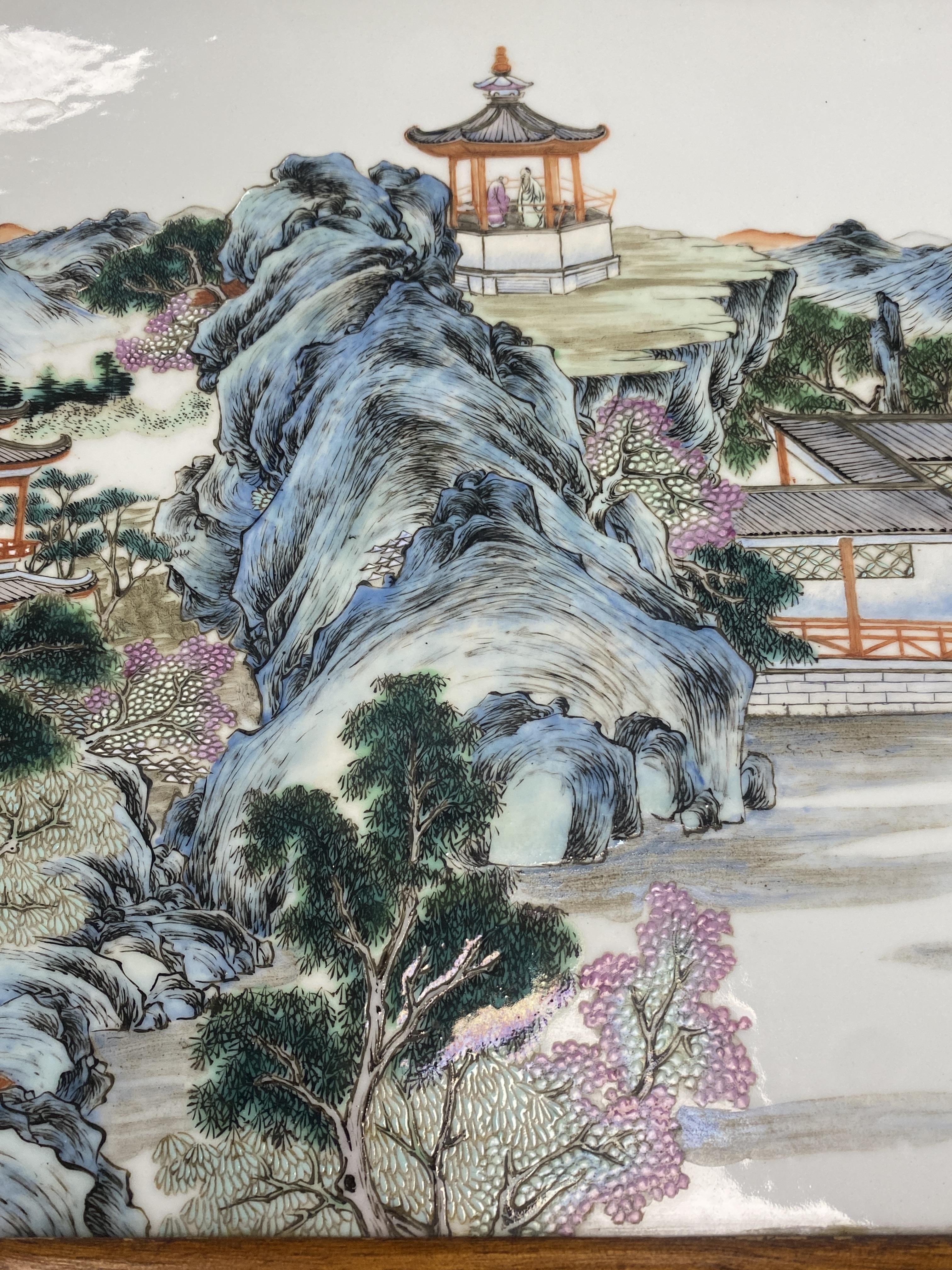 A Chinese famille rose porcelain landscape plaque - Image 8 of 10