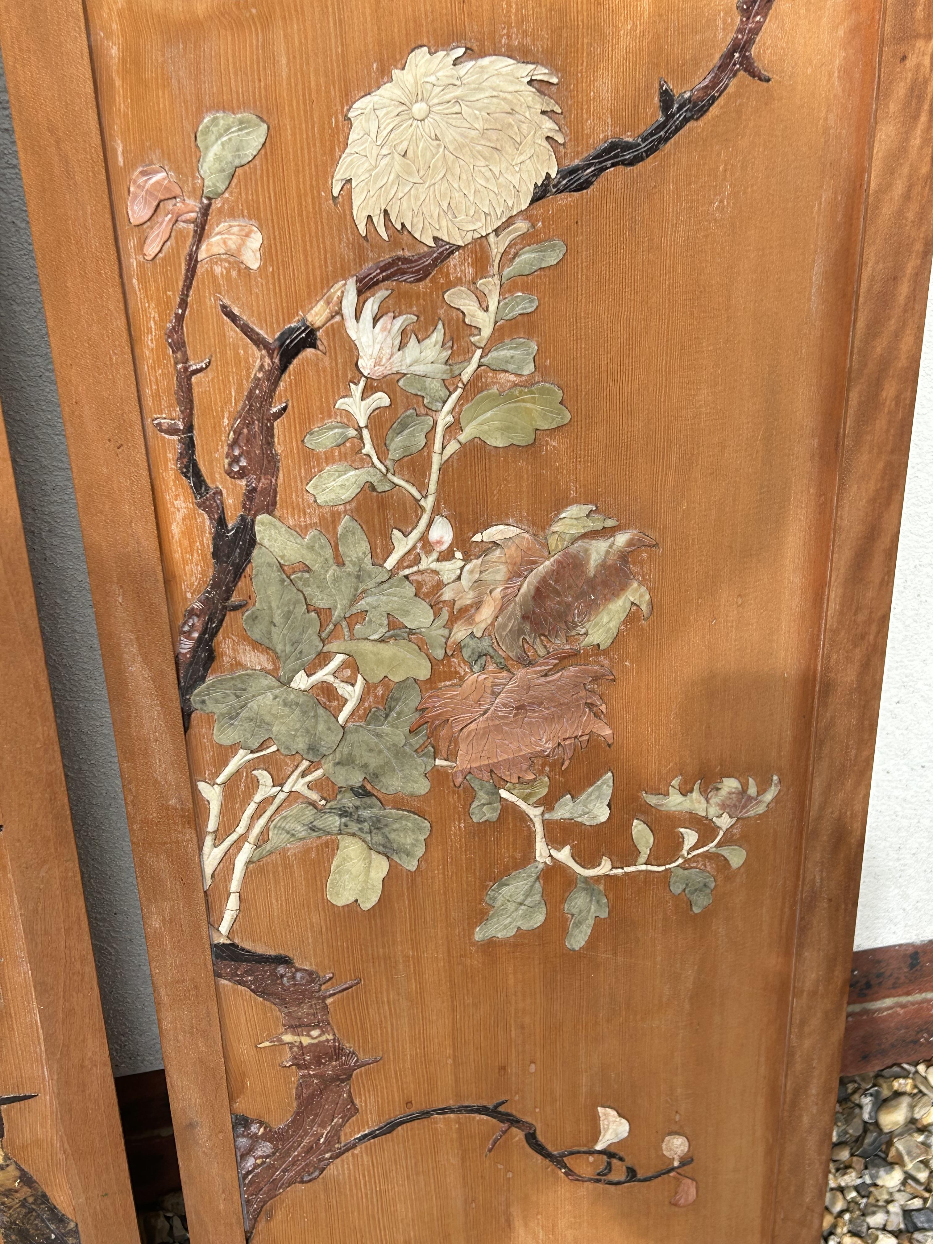 A set of four Chinese carved soapstone inlaid wooden wall panels c.1920 - Image 6 of 12