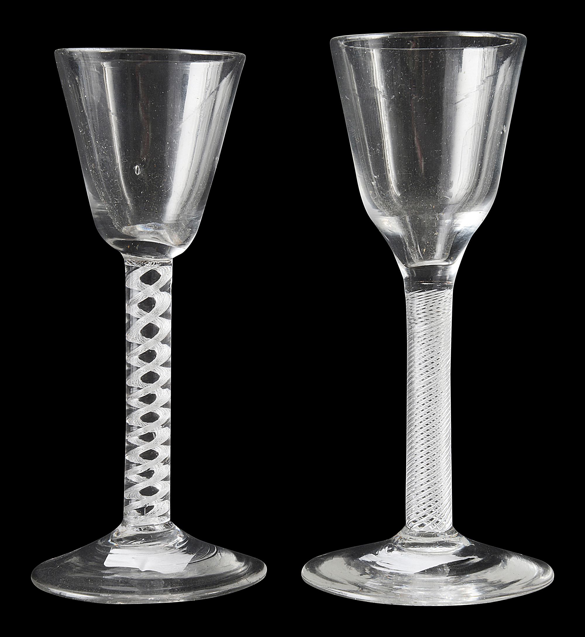 Two 18th century airtwist single series wine glasses c.1745