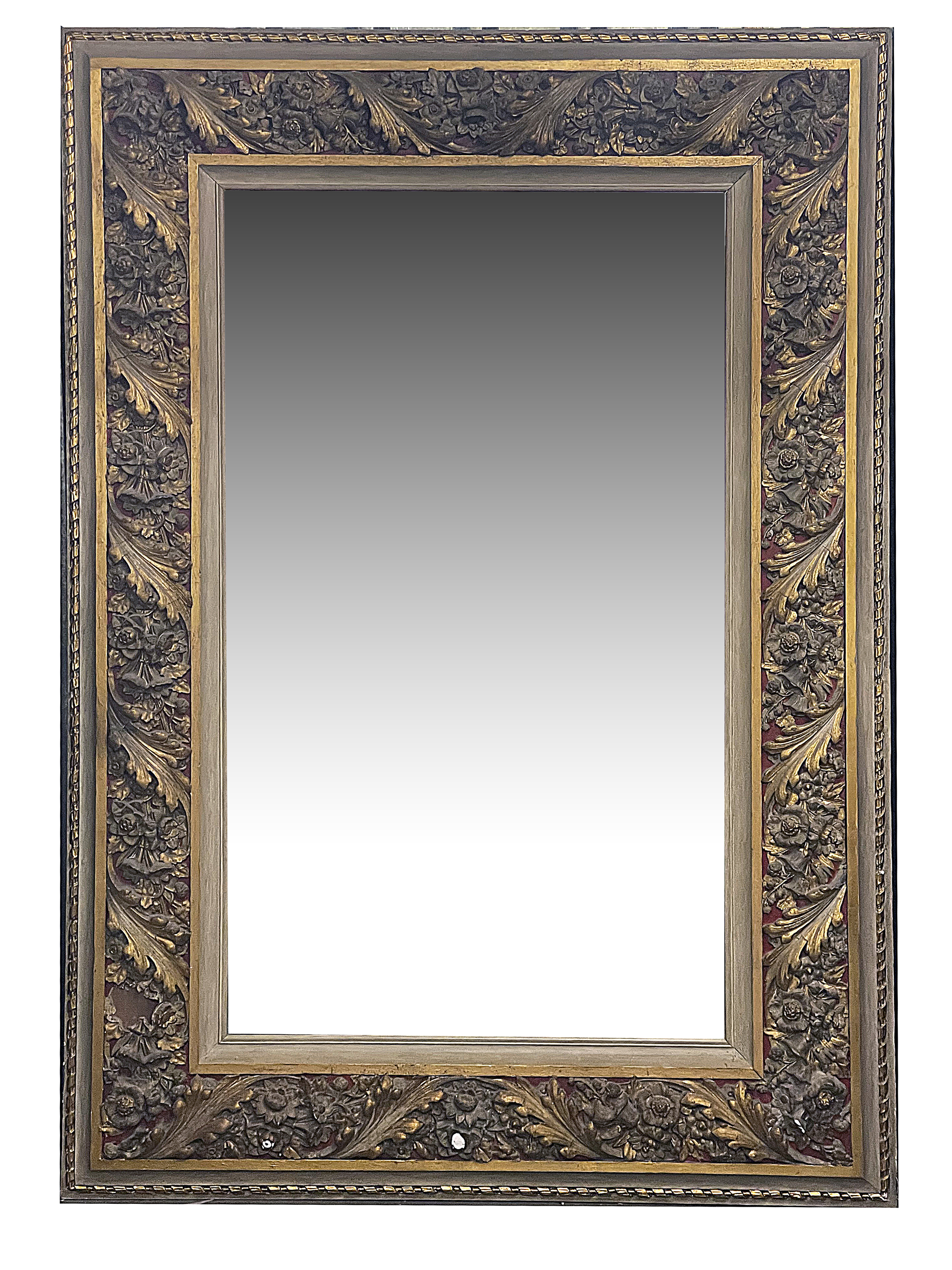 A large George III style grey painted and gilt decorated mirror