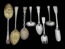 A George III silver fiddle pattern cheese scoop and other silver