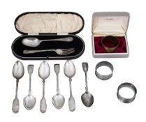 A set of six Victorian fiddle pattern teaspoons and other silver