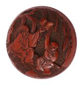 A Japanese Edo period Tsuishu red lacquer two part manju netsuke