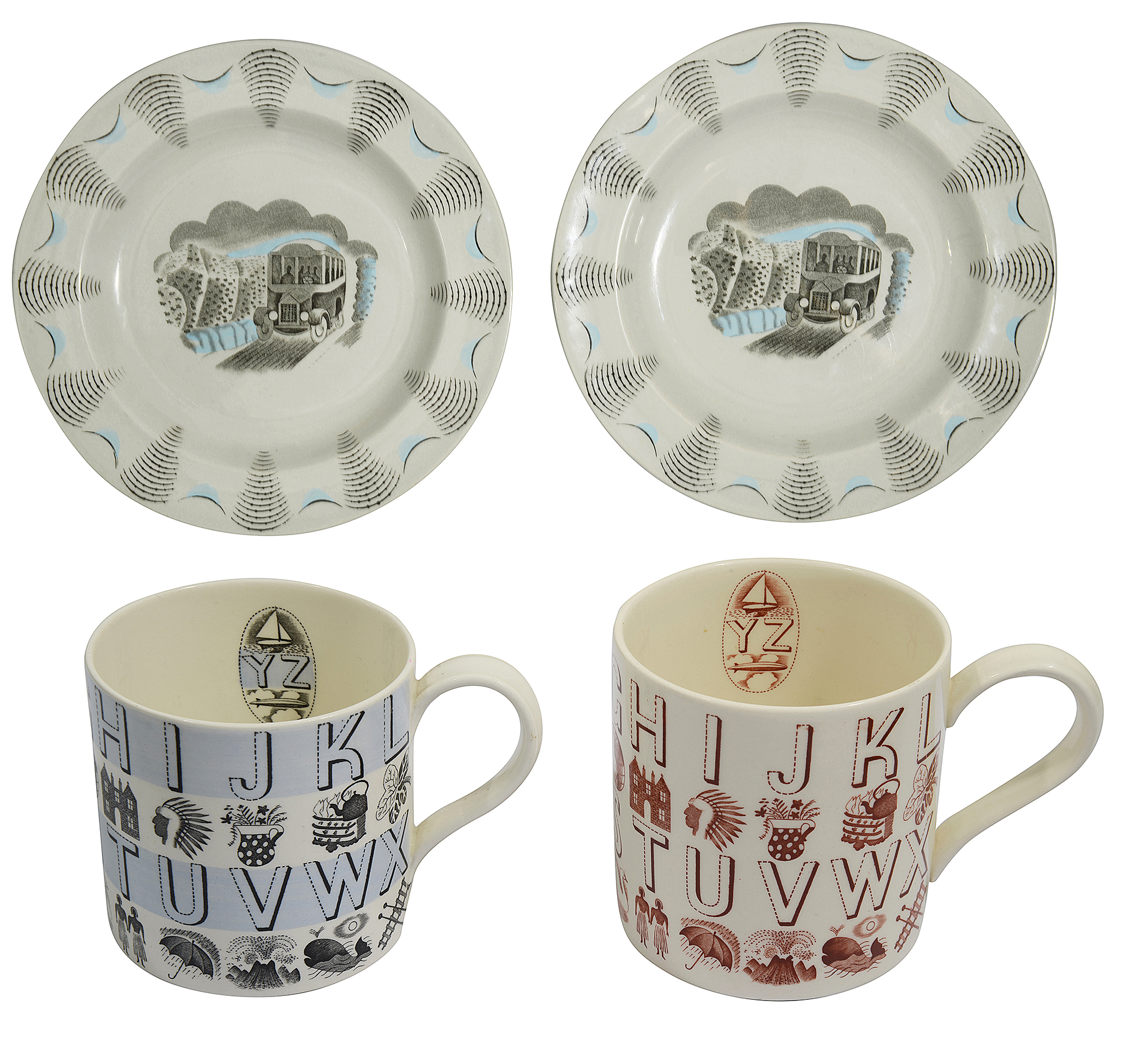 Eric Ravilious for Wedgwood, two mugs and two plates
