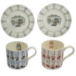 Eric Ravilious for Wedgwood, two mugs and two plates