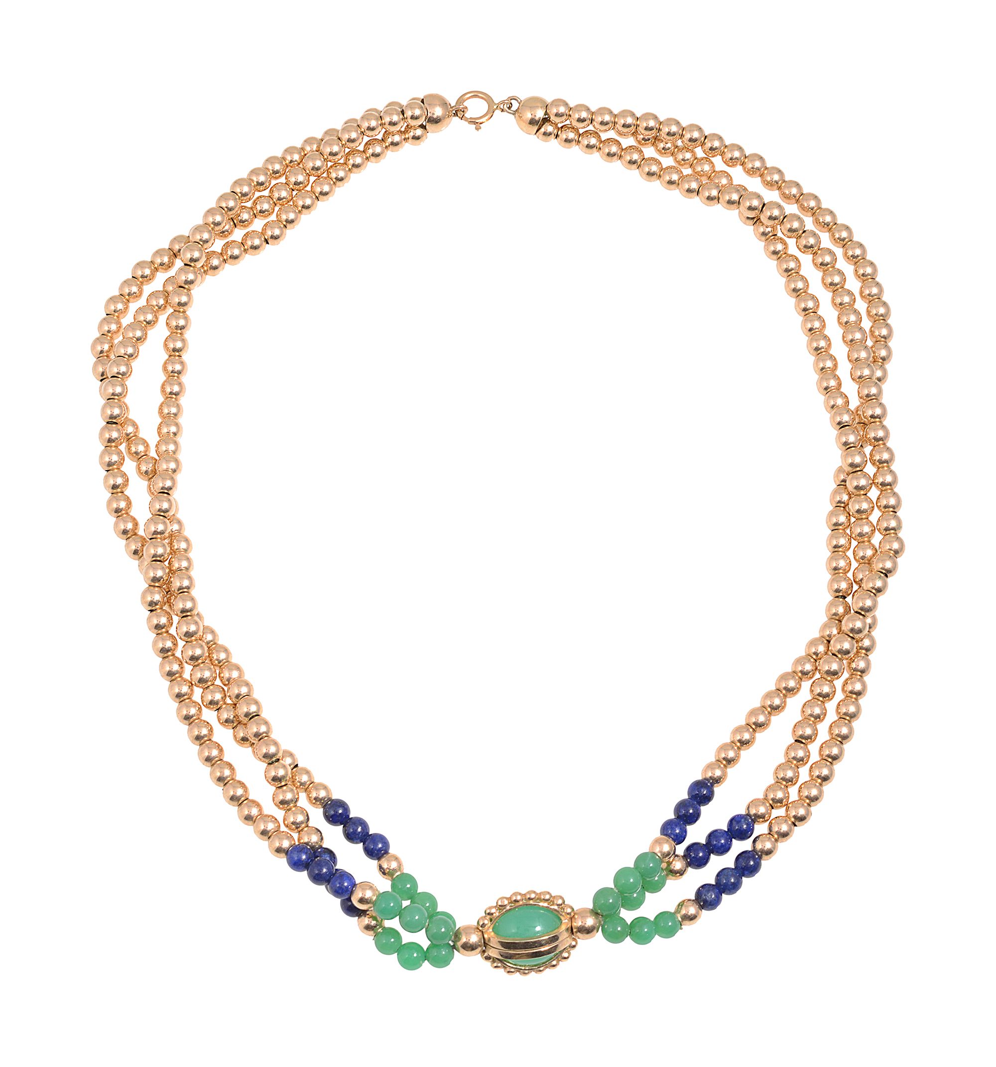 A lapis and green hard stone beaded necklace