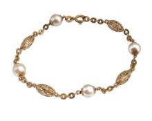 A 18ct gold fancy-link and pearl bracelet