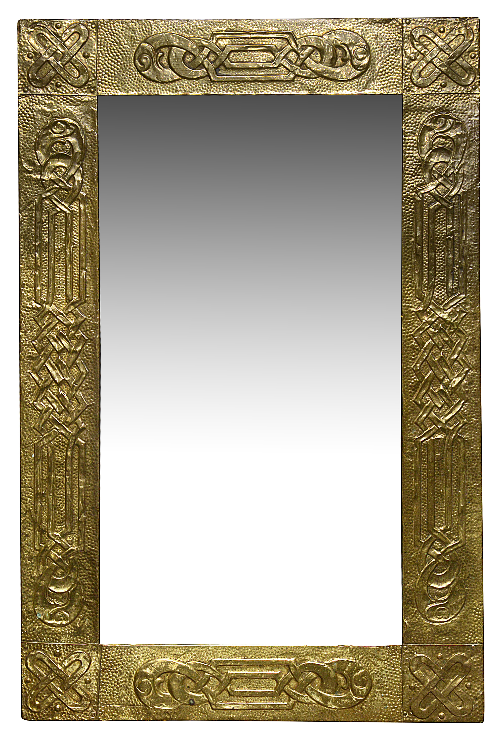 An Arts and Crafts brass embossed mirror