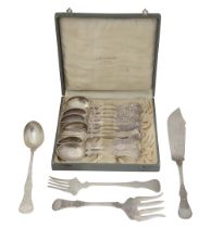 Cased set Norwegian .830 silver dessert spoons and forks + serving utensils