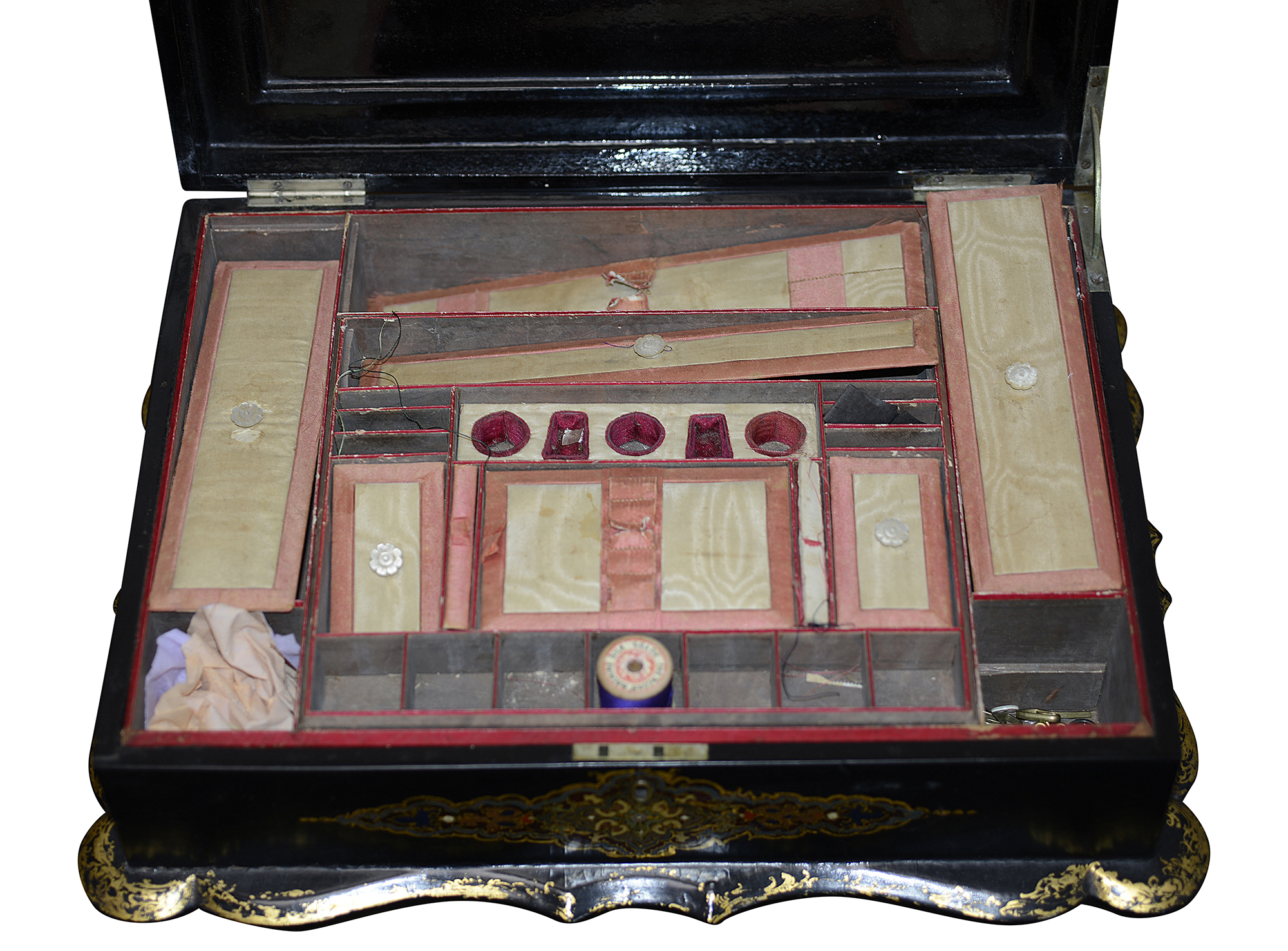 A Victorian black papier mache and mother of pearl inlaid work box - Image 2 of 6