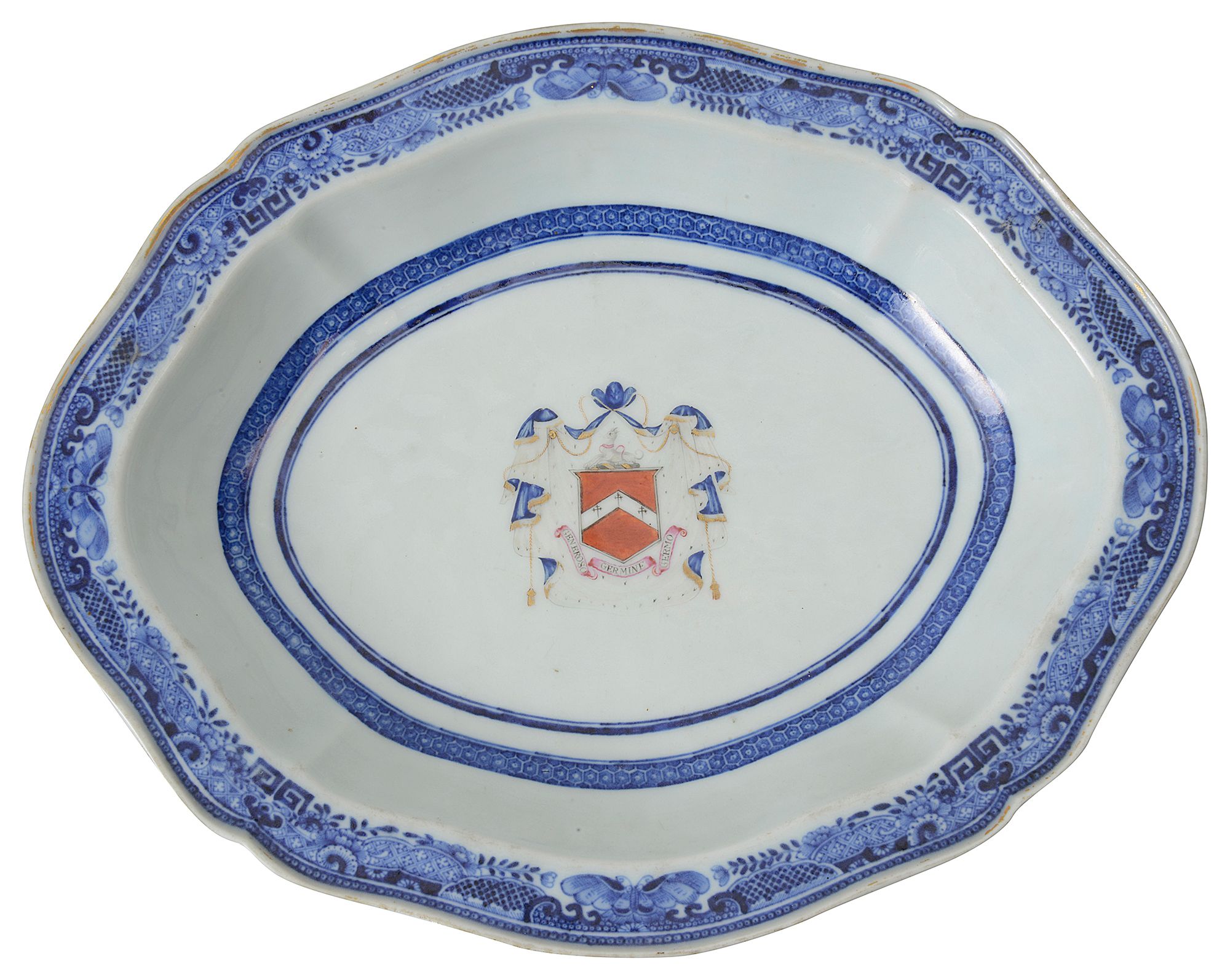 A late 18th century Chinese export blue and white armorial dish