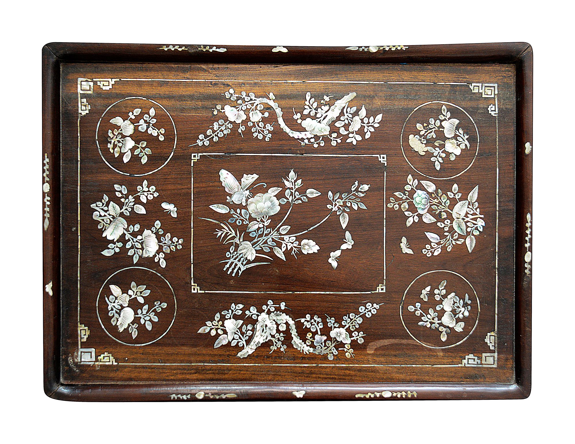 A Chinese huang huali and mother of pearl inlaid tray