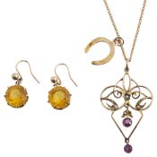 An Edwardian 9ct gold pearl and amethyst pendant & earrings