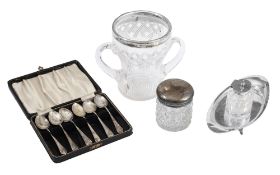 A silver inkwell, cut glass vase, silver lidded jar and teaspoons