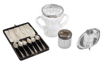 A silver inkwell, cut glass vase, silver lidded jar and teaspoons