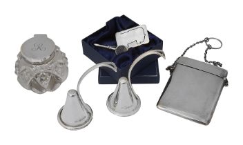 A pair of Elizabeth II silver snuffers and three silver items