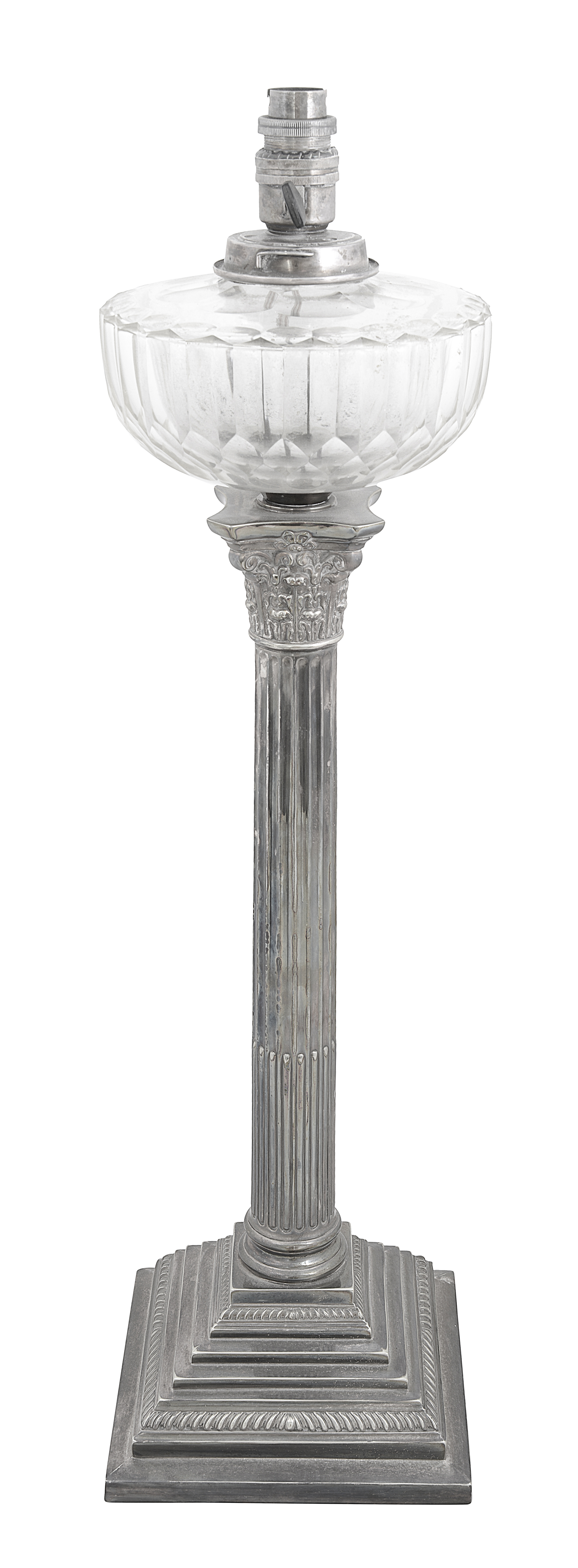 A late Victorian electroplated Corinthian column oil lamp